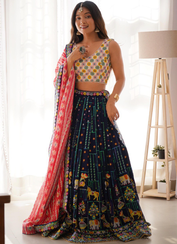 Heavy Thread Embroidered Georgette Navy Blue Wedding Lehenga Choli